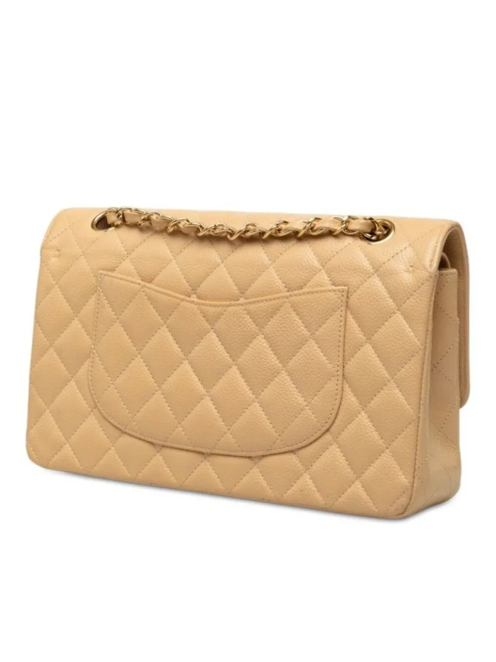 Chanel CC Logo Quilted 25 Chain Shoulder Bag Beige Caviar Leather